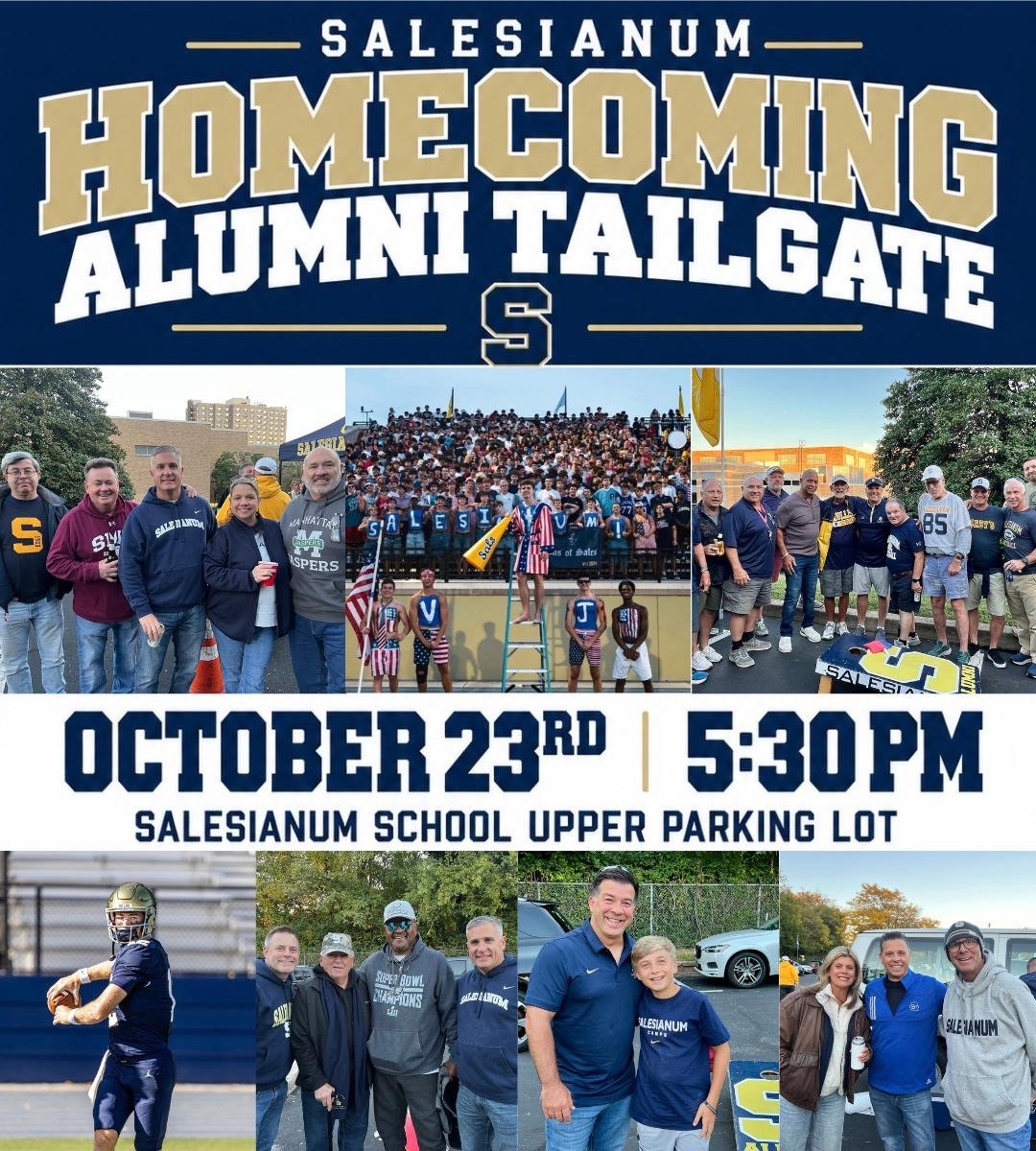 Homecoming Alumni Tailgate poster for October 23 at 5:30 PM in the upper parking lot